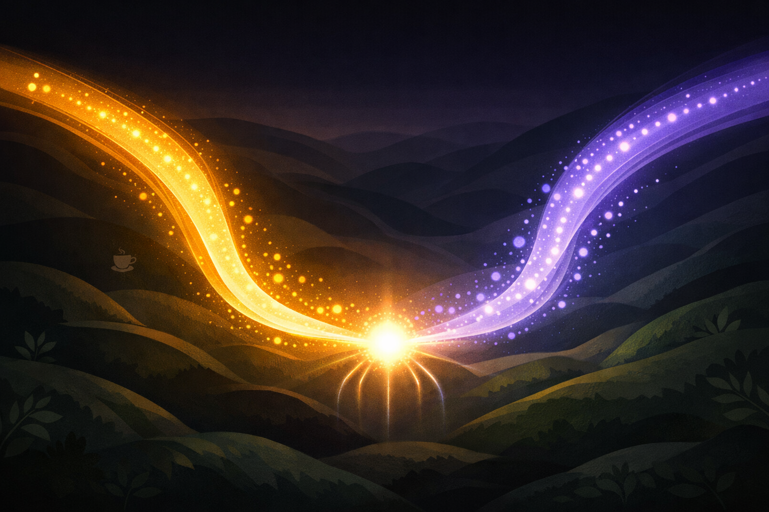 Abstract atmospheric illustration of two luminous rivers of light flowing through a dark organic landscape — one warm gold representing CYP1A2 metabolism, one cool lavender representing ADORA2A sensitivity — converging at a single glowing node in the lower center, representing the unique intersection of each person's caffeine profile.