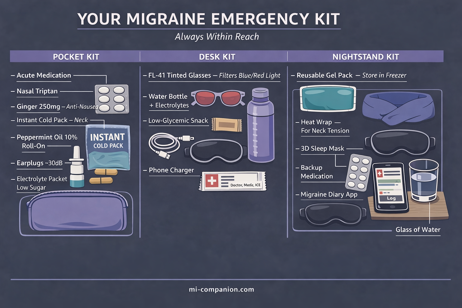 Your Migraine Emergency Kit — Pocket Kit, Desk Kit, Nightstand Kit infographic with labeled items