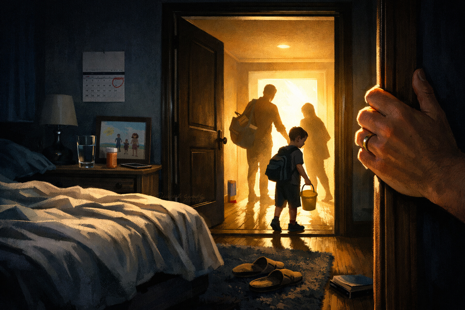 View from a darkened room showing family silhouettes leaving through a bright doorway, capturing the painful moment of missing family activities due to migraine