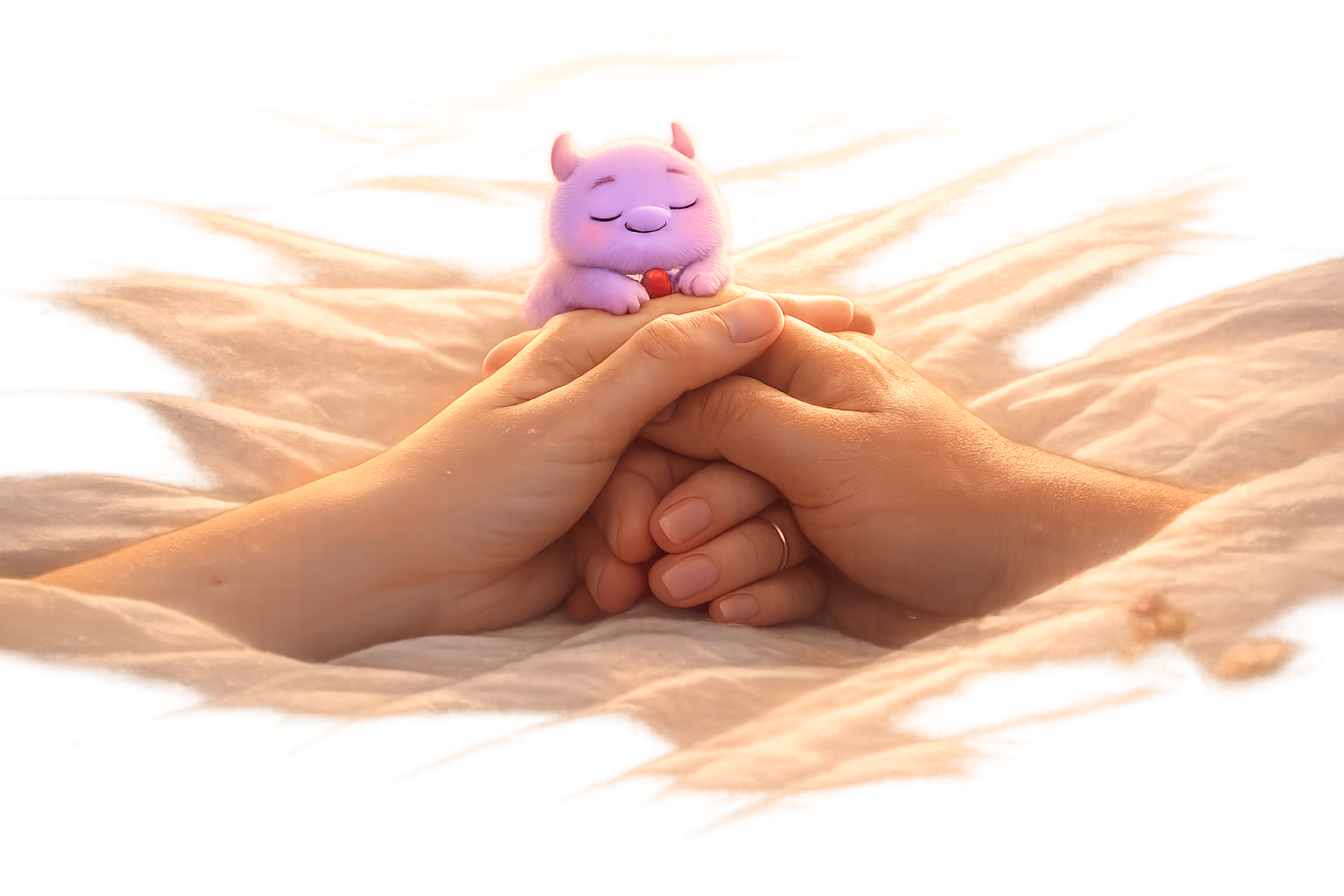 Two hands holding each other with Mi floating gently above, symbolizing partnership and support through chronic illness