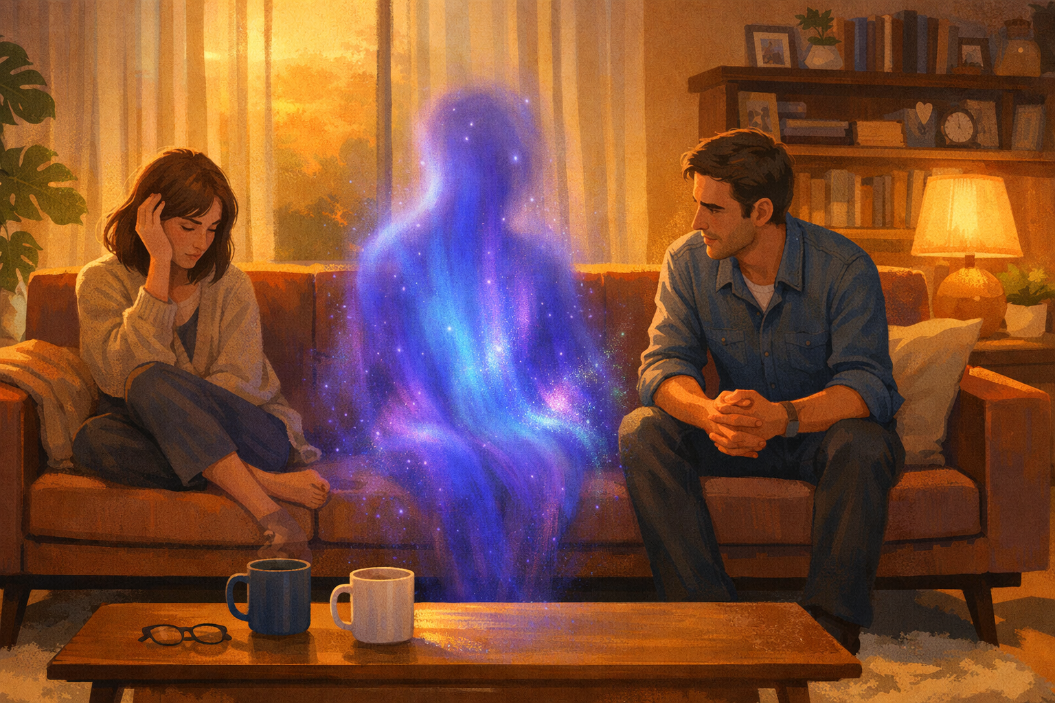 Illustration of a couple sitting together with a translucent third figure between them, representing how migraine becomes an invisible presence in relationships