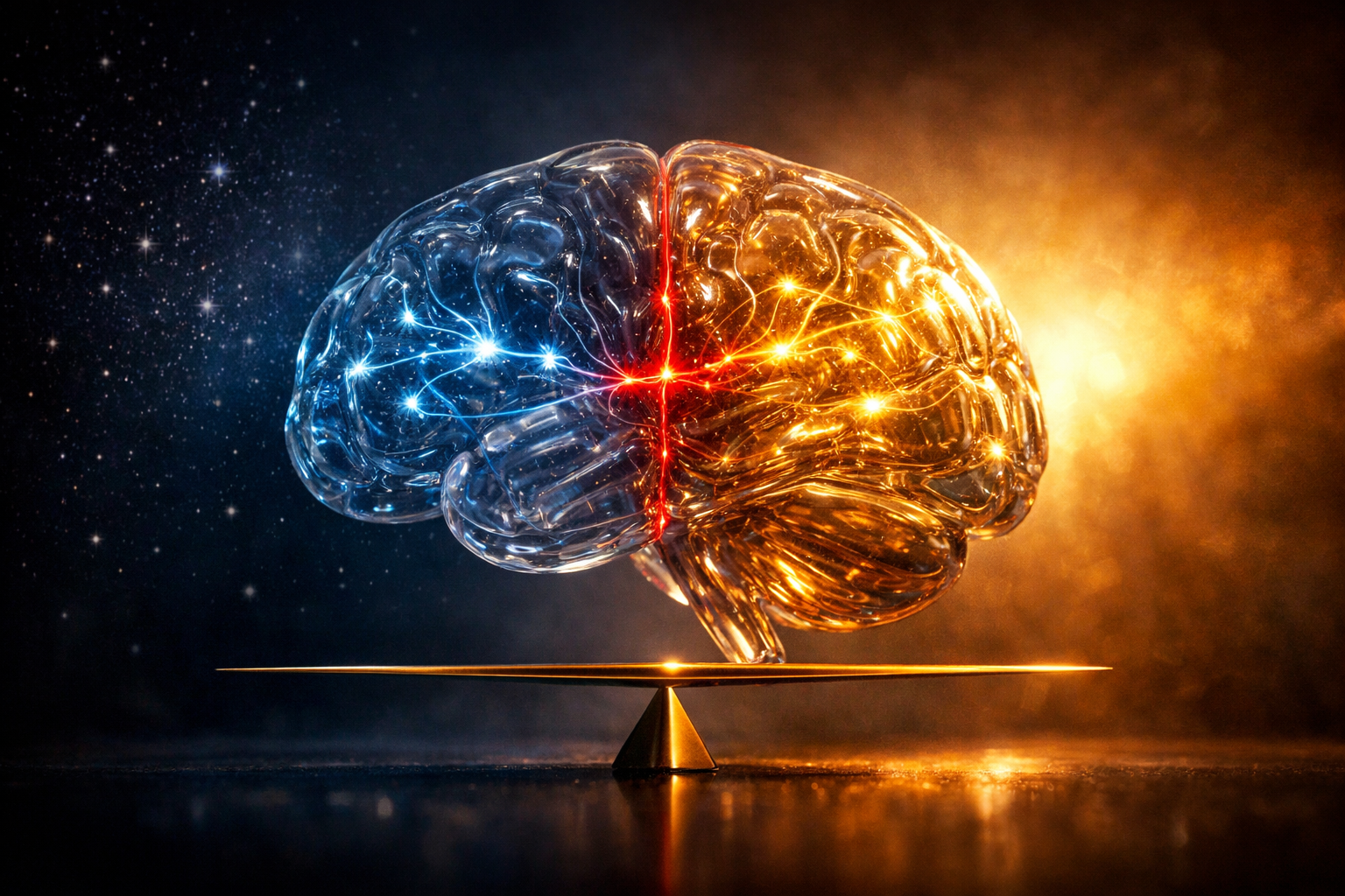 Artistic visualization of a translucent brain balanced between night and day, symbolizing the sleep-migraine connection