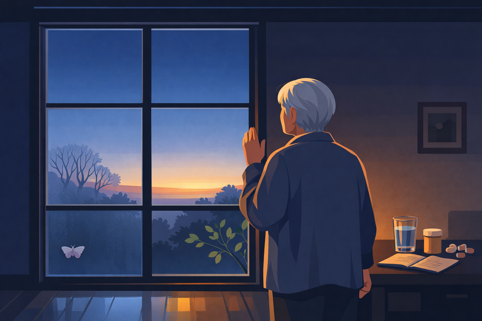 An older figure stands at a tall window at dawn, watching the first light — the quiet authority of someone who has lived decades inside this condition and keeps returning to face each morning