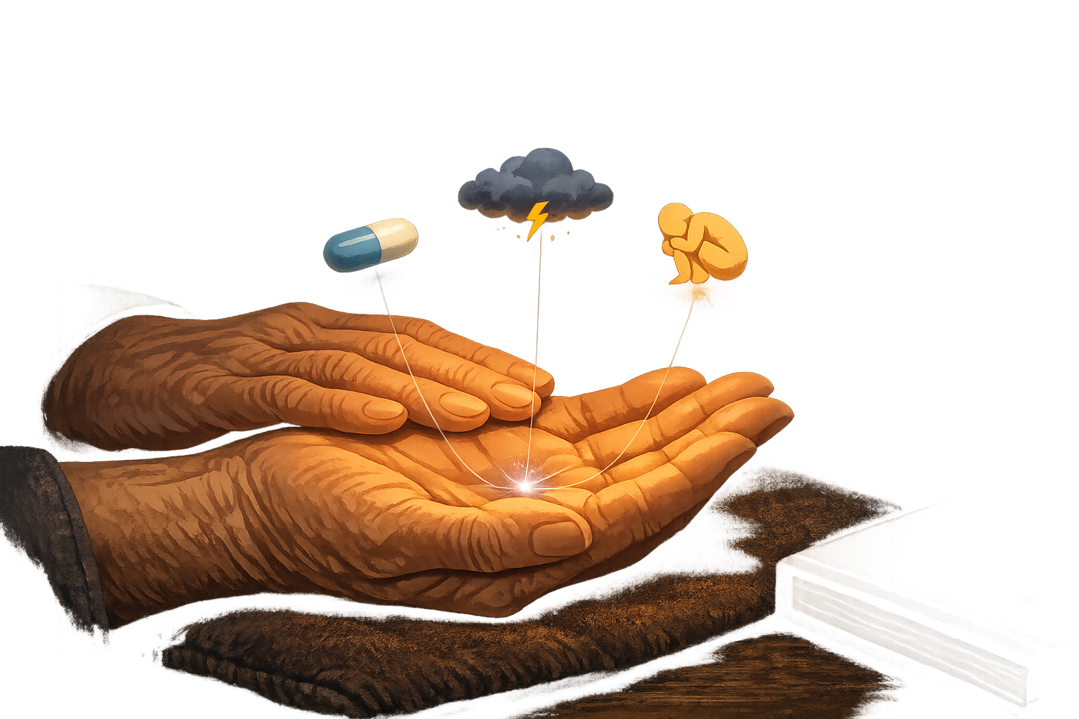 Two older experienced hands, one open and upturned, three small objects floating above the palm &mdash; a pill capsule, a storm cloud, a small human figure &mdash; held loosely, not gripped: acceptance is a different kind of holding