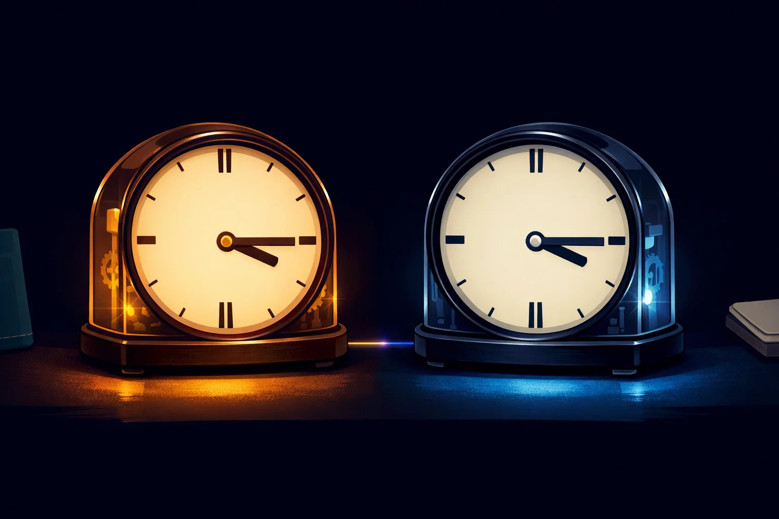 Two identical antique clocks side by side &mdash; one glowing with familiar warm amber light (migraine), the other with cool steel-blue urgency (giant cell arteritis) &mdash; same face, different stories inside
