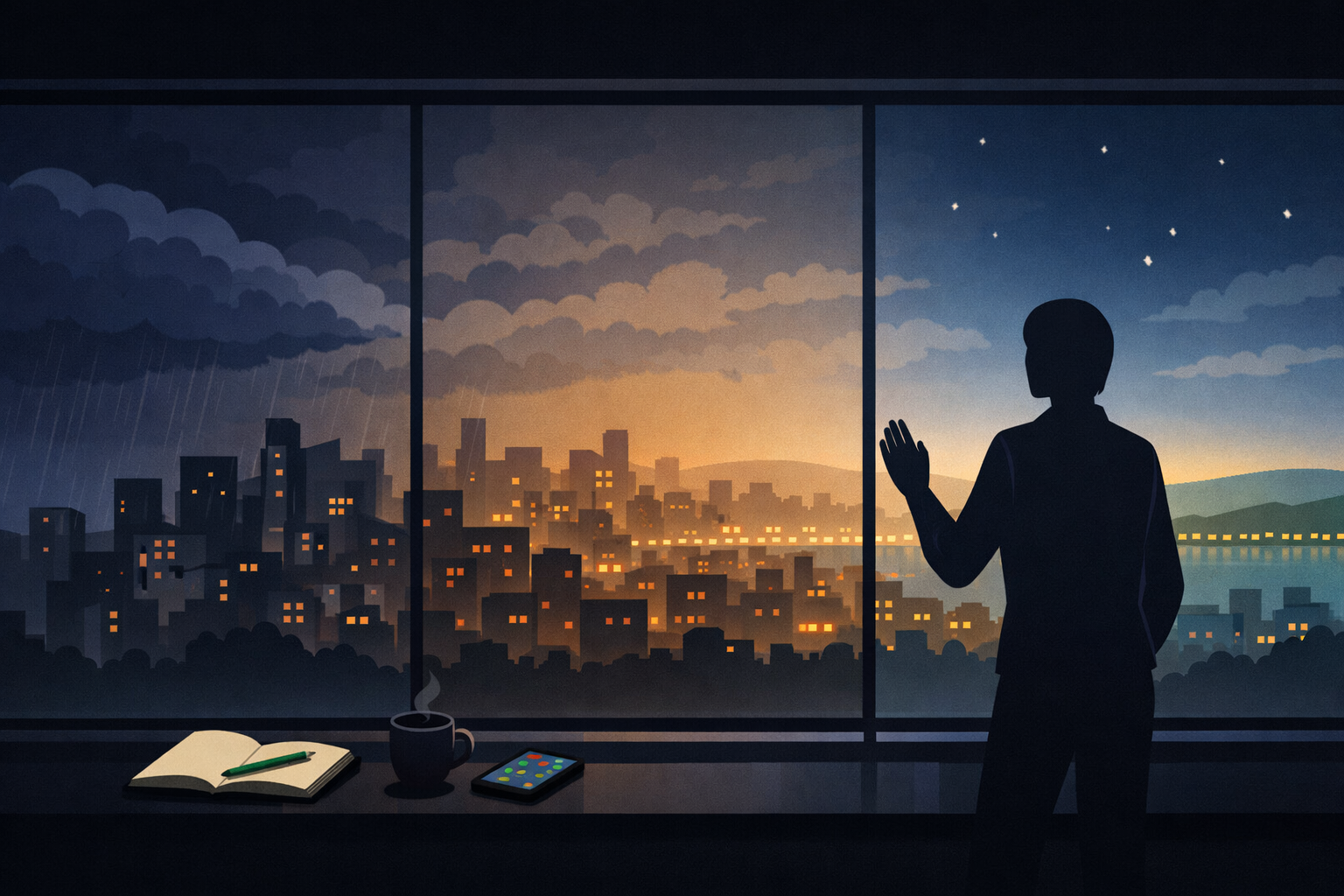 Atmospheric illustration of a person standing at a window overlooking a cityscape transitioning from storm clouds to clear sky — representing the choice between migraine-triggering and migraine-friendly environments