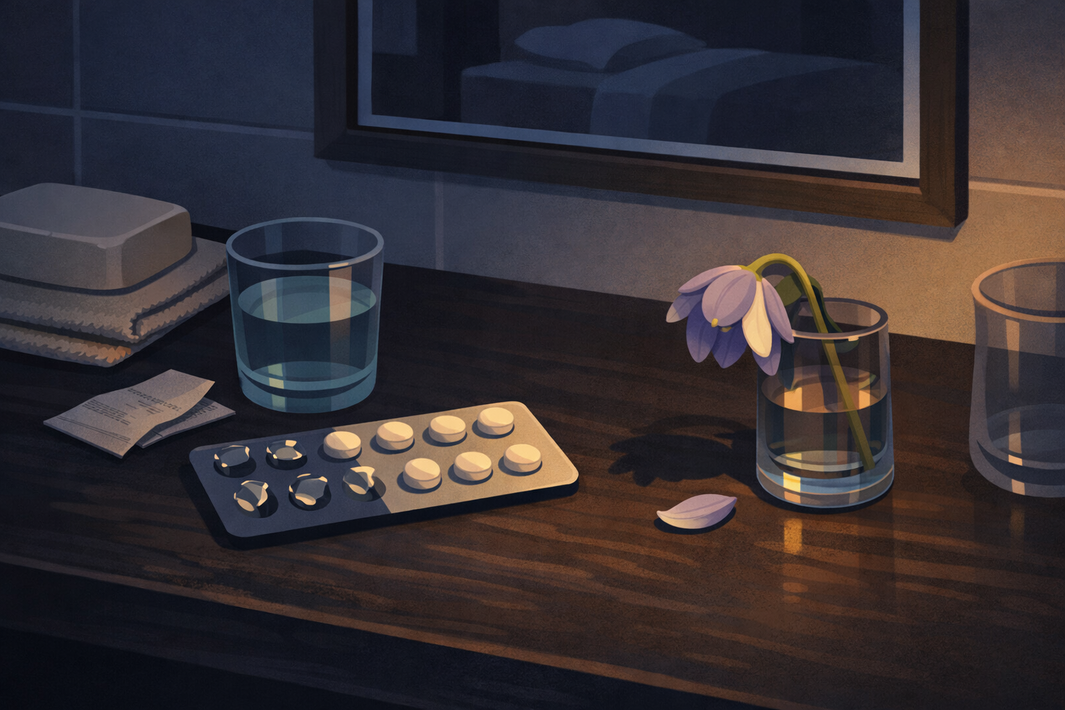 A bathroom counter at night &mdash; a blister pack of migraine medication beside a wilting flower in a small vase &mdash; one petal fallen on the dark wood surface &mdash; the quiet still life of a treatment that fixes one thing and silently costs another
