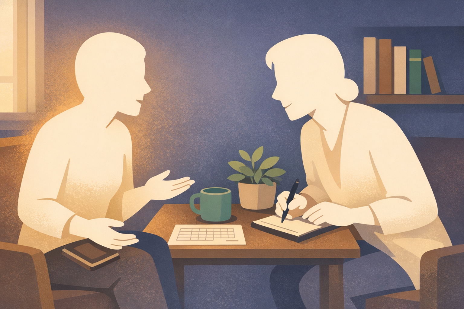 Atmospheric illustration of two people in a warm, intimate conversation — one listening intently, the other speaking with visible relief — representing the moment when a migraine patient finally finds a provider who truly hears them