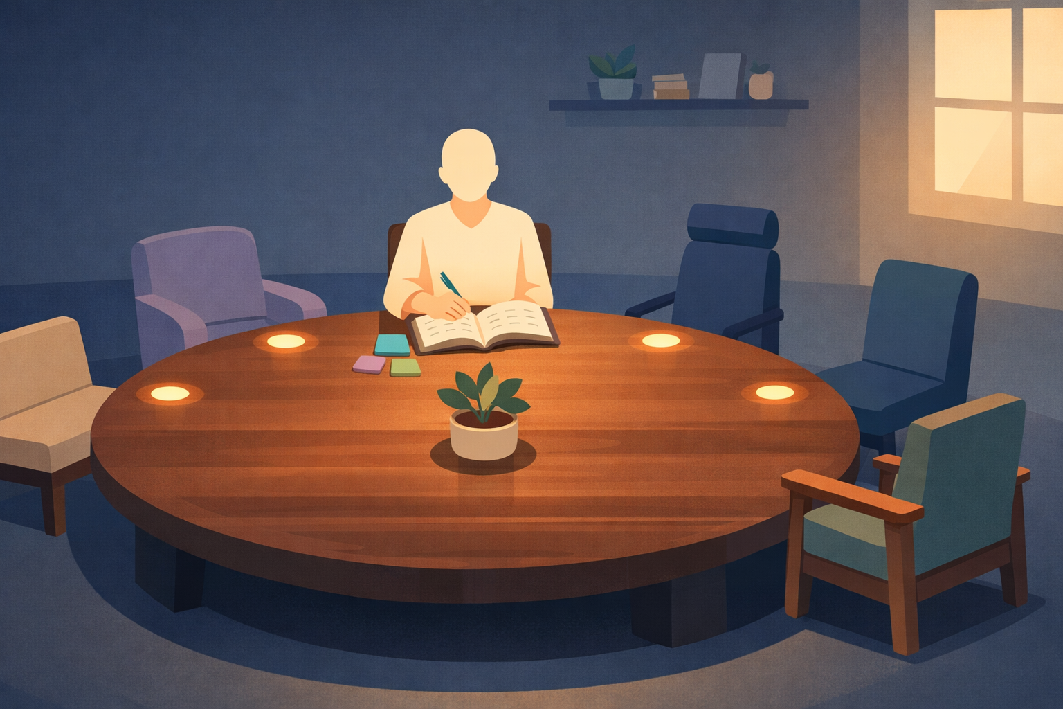 Atmospheric illustration of a person sitting at a round table with an open notebook, surrounded by five distinct empty chairs — each representing a different healthcare specialist waiting to join the migraine care team