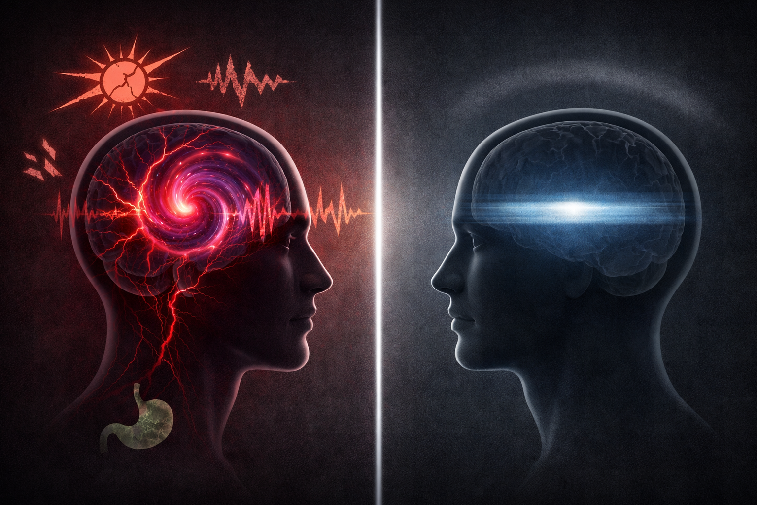 Artistic medical comparison of migraine and tension headache — pulsating one-sided pain versus bilateral pressure band, digital art