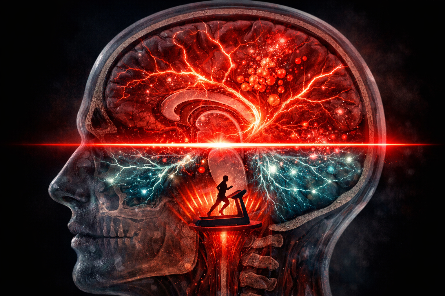 Cross-section of a translucent head showing the brain's migraine threshold — calm signals below, chaotic inflammation above, with a runner silhouette in the brainstem