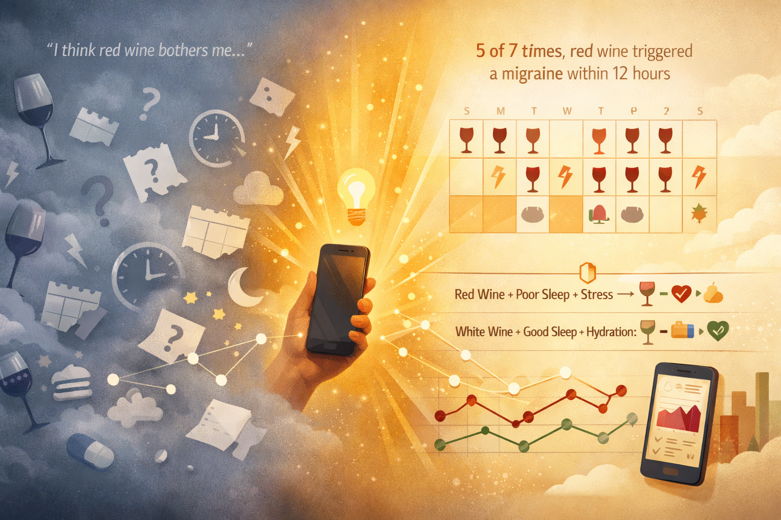Illustration showing transformation from confusion about migraine triggers to clarity through systematic tracking and pattern recognition