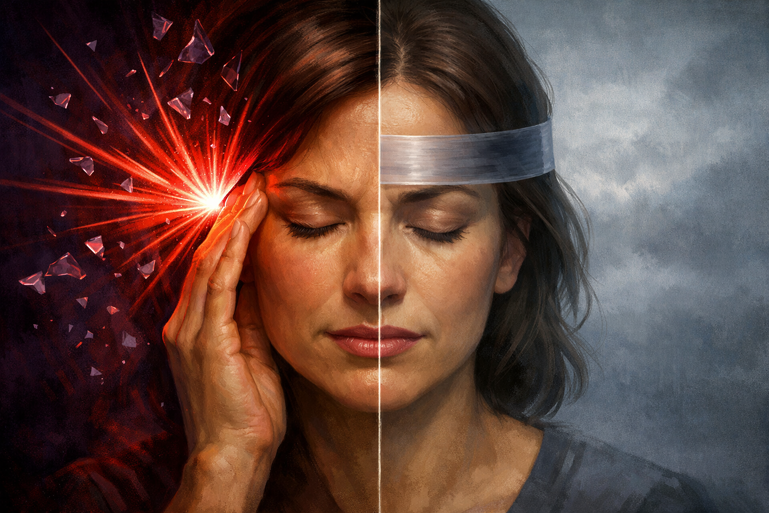Person experiencing headache pain — migraine vs tension headache visual comparison, digital art
