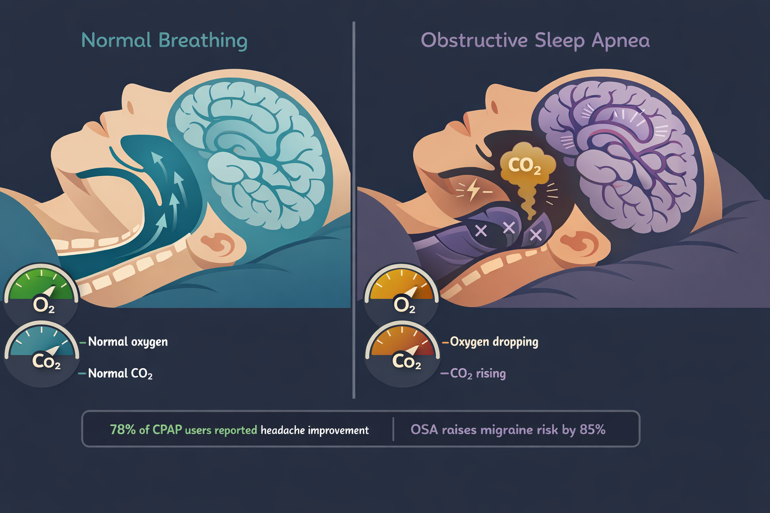 Split medical illustration comparing normal breathing during sleep (left, open airway, teal-toned healthy brain, green O2 and CO2 gauges normal) versus obstructive sleep apnea (right, collapsed airway with X markers, lavender-toned brain with dilated vessels, gold CO2 cloud rising, oxygen dropping)