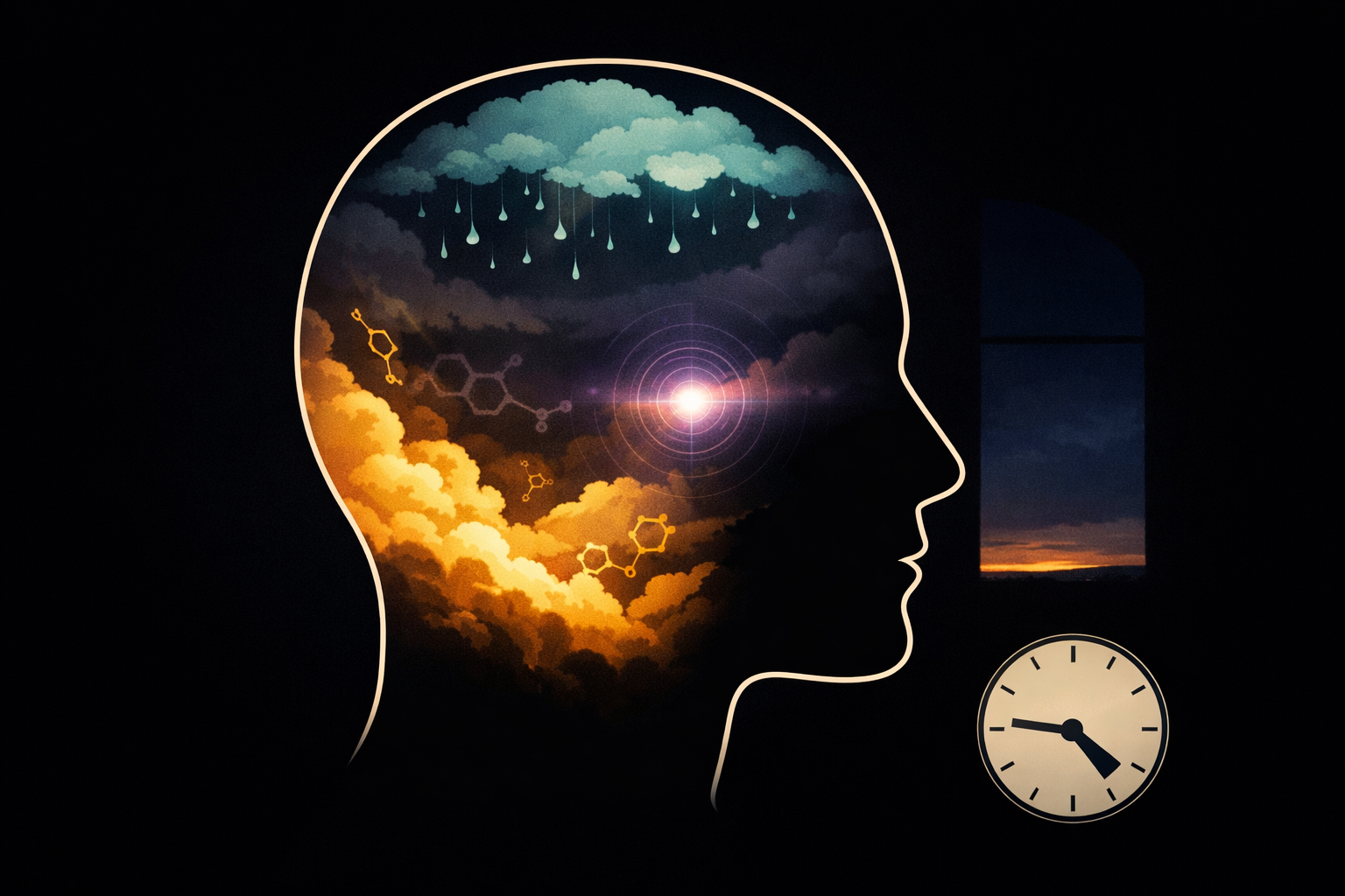 Atmospheric illustration of a human head silhouette in profile with an internal landscape: gold cortisol clouds surging from below, teal melatonin droplets evaporating from above, a dark serotonin void in the middle, and a bright lavender convergence point at the temple representing trigeminal activation, with a clock showing approximately 4:30 AM
