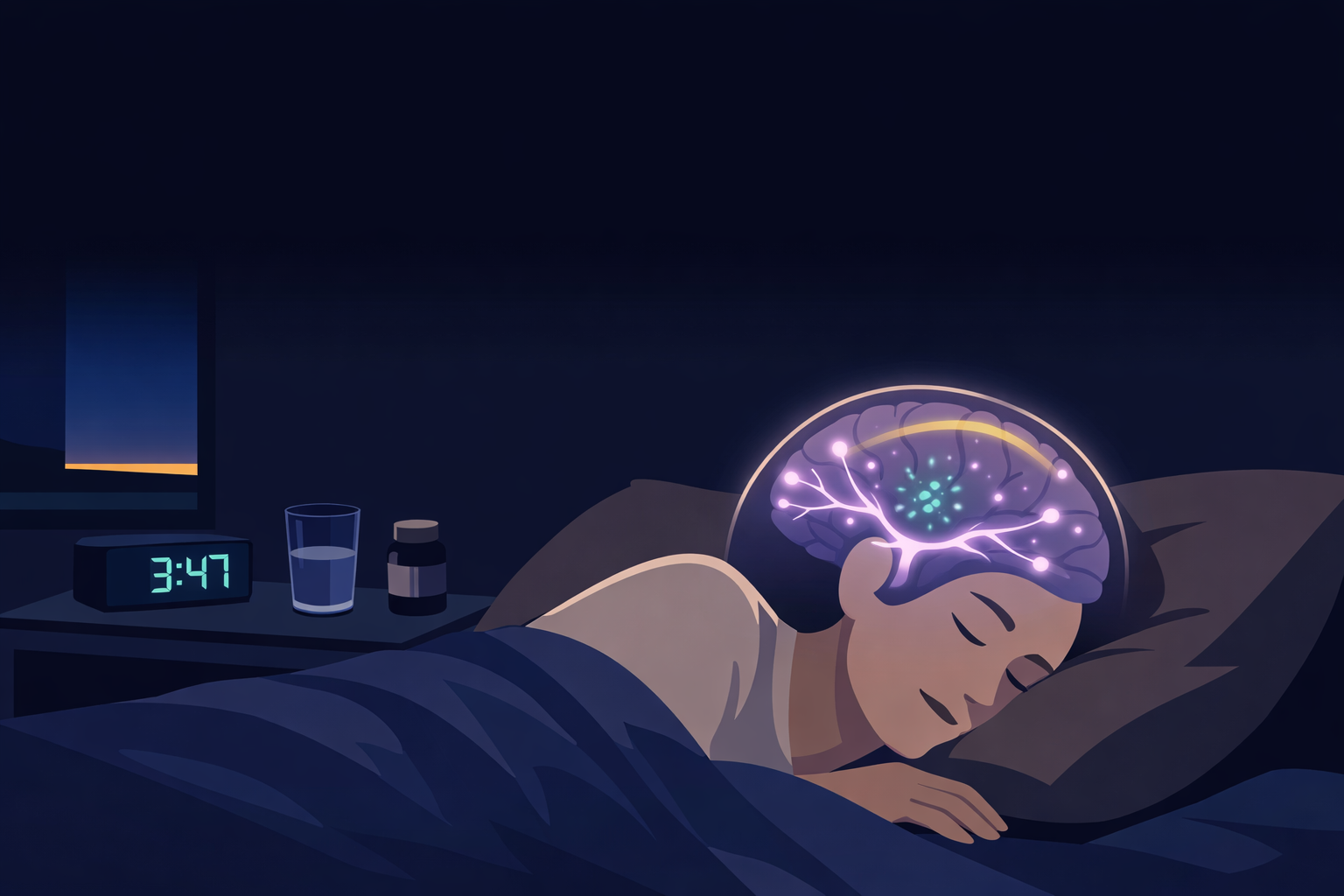 Person sleeping peacefully in a dark bedroom at 3:47 AM while inside their translucent skull, glowing neural pathways activate in lavender and teal, symbolizing a migraine attack building during sleep