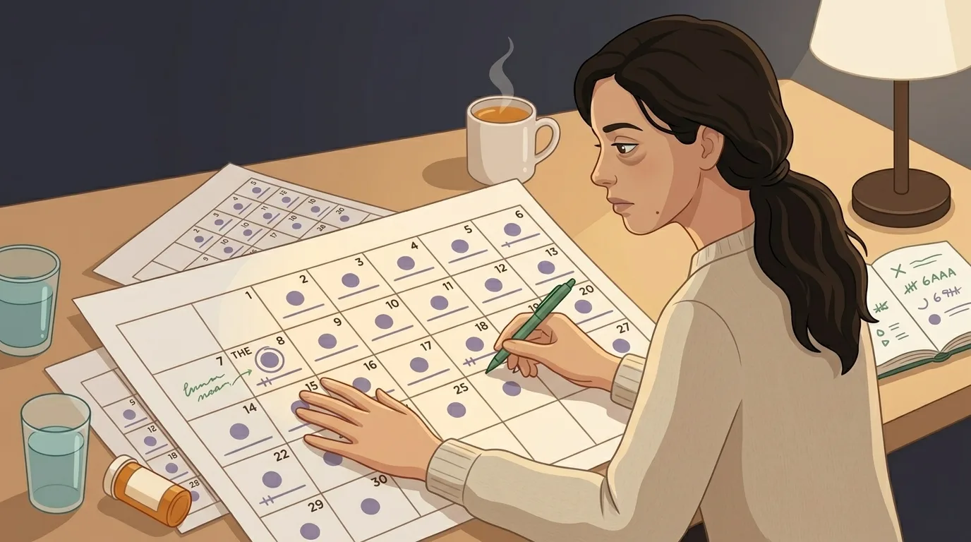 A young woman seated at a warmly lit home desk in the evening, examining a large paper calendar with one specific date circled and every subsequent day marked in an unbroken chain &mdash; the ICHD-3 diagnostic criterion made visible