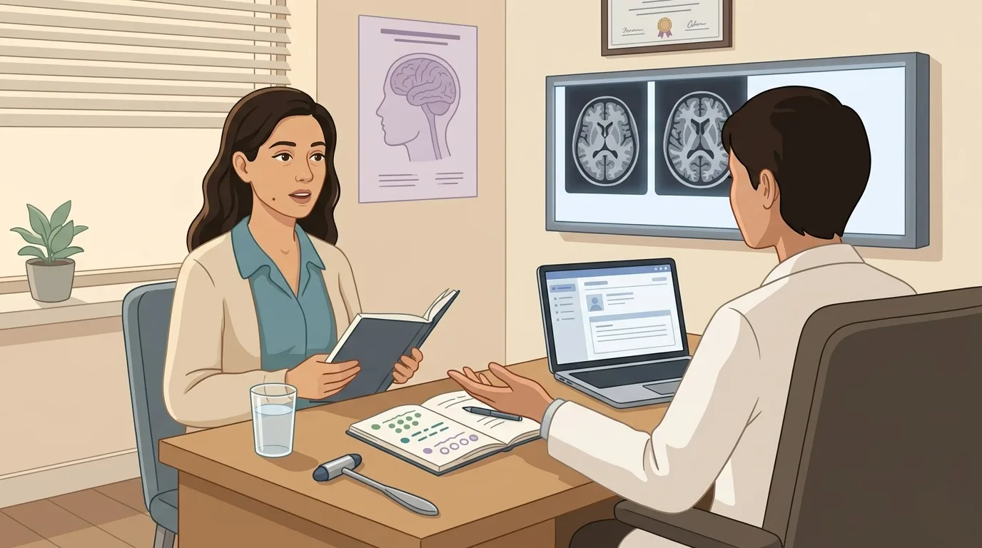 A young woman in a neurologist&rsquo;s office mid-consultation, showing her notebook to the doctor; an MRI brain scan is visible on a light box on the wall &mdash; the scene of advocating for an NDPH diagnosis