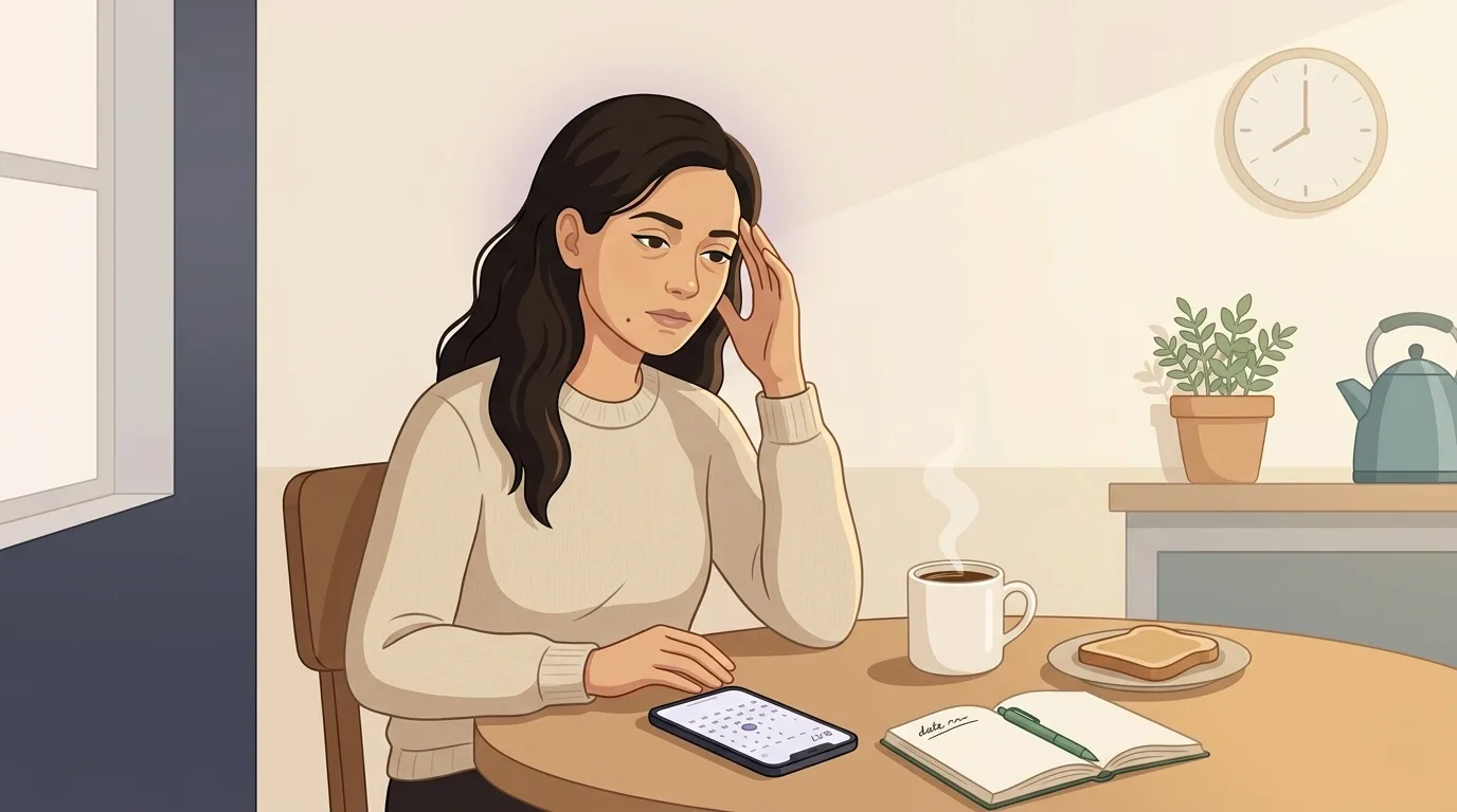 A young woman seated at a kitchen table on a quiet Tuesday morning, one hand pressed gently to her temple, the moment a new headache arrives that will never stop
