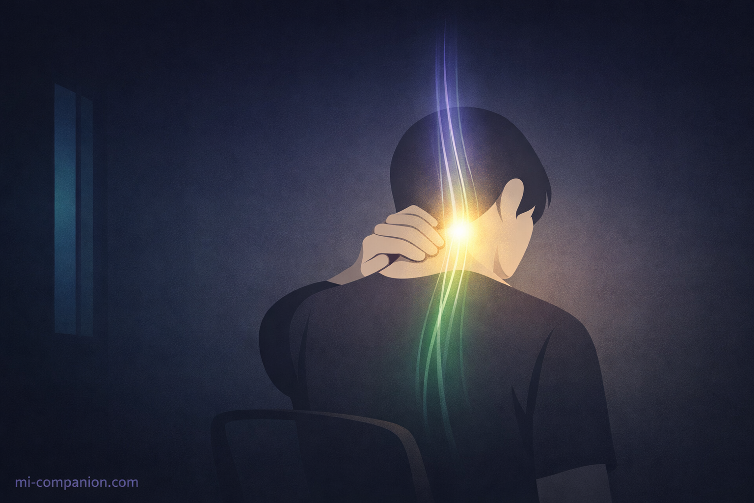 A person sitting in a dark room, touching the back of their neck, with two streams of light — lavender from the head and green from the spine — converging at the skull base