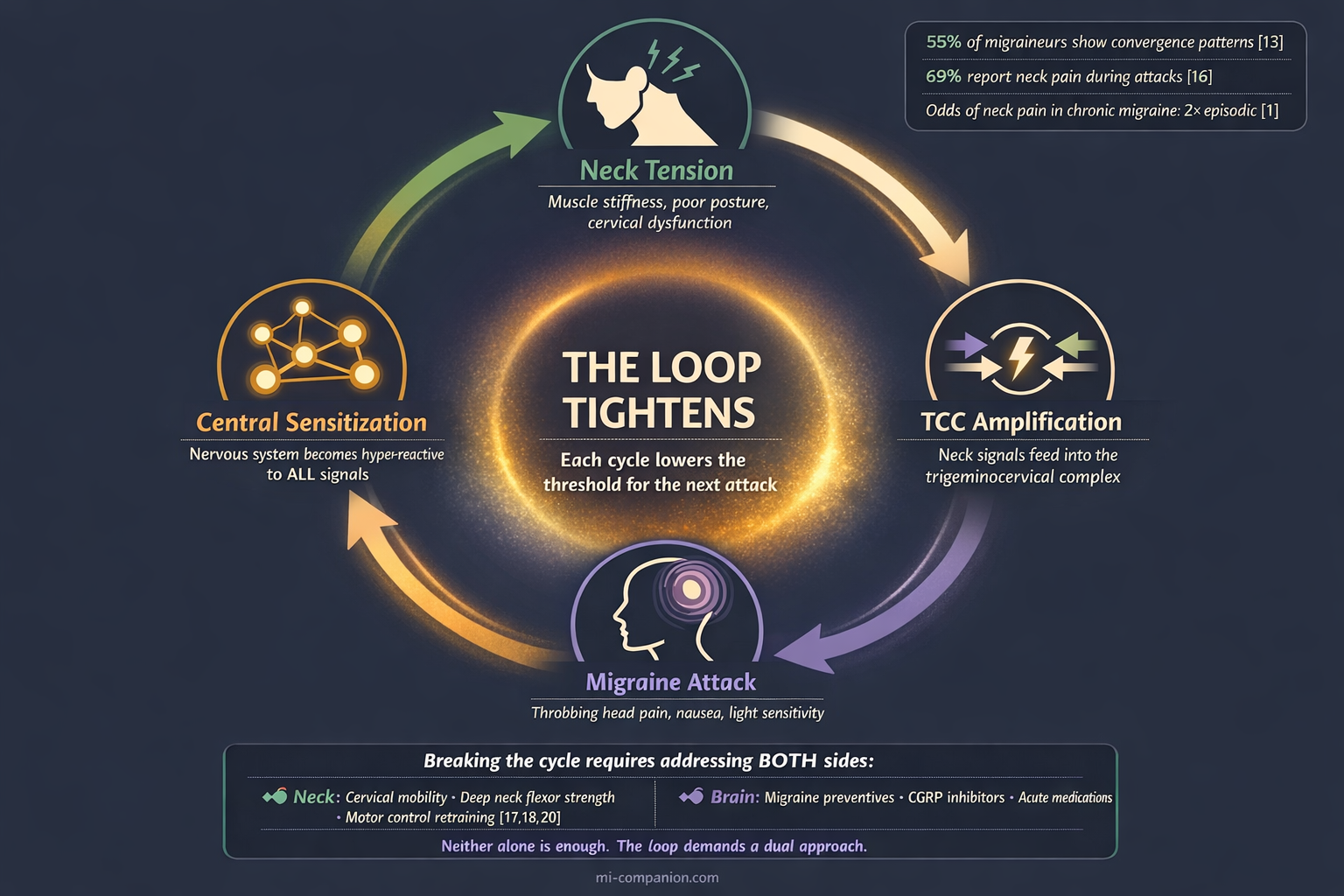 The Sensitization Loop — a four-station cycle showing neck tension, TCC amplification, migraine attack, and central sensitization feeding back into each other