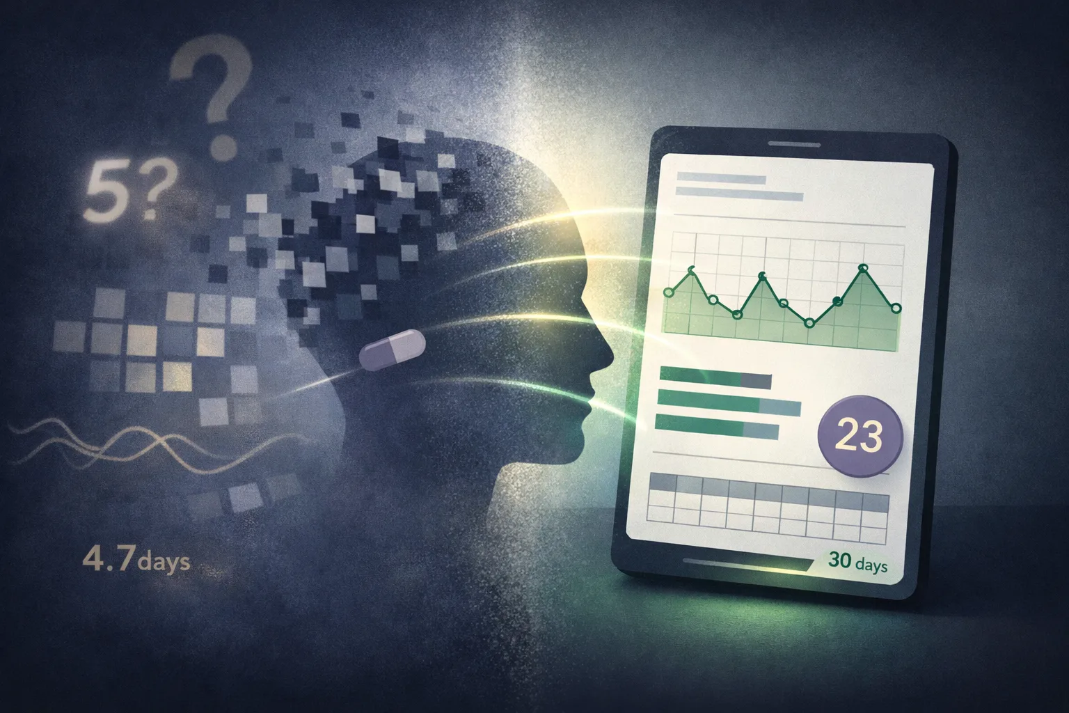 Split illustration comparing unreliable memory on the left side with dissolving head silhouette and scattered fragments, versus organized migraine data on the right side showing clean charts, MIDAS score, and medication tracking from Migraine Companion