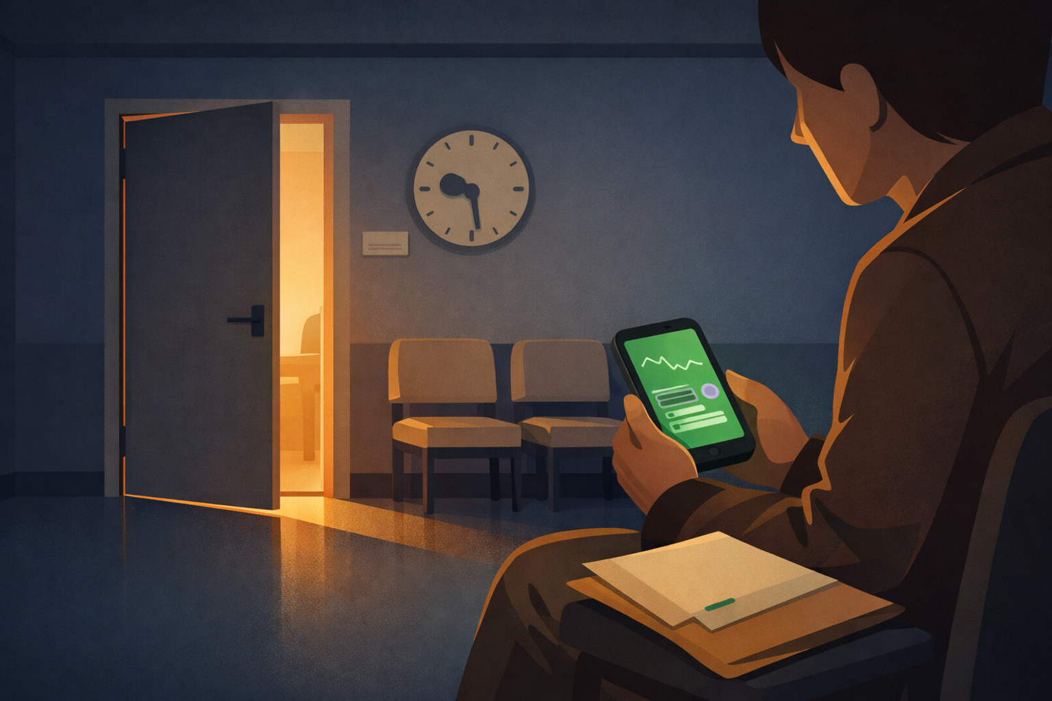 Atmospheric illustration of a person sitting in a medical waiting room holding a phone with migraine data glowing on screen, while a partially open door ahead spills warm light into the corridor, representing preparation and readiness for a first neurologist appointment