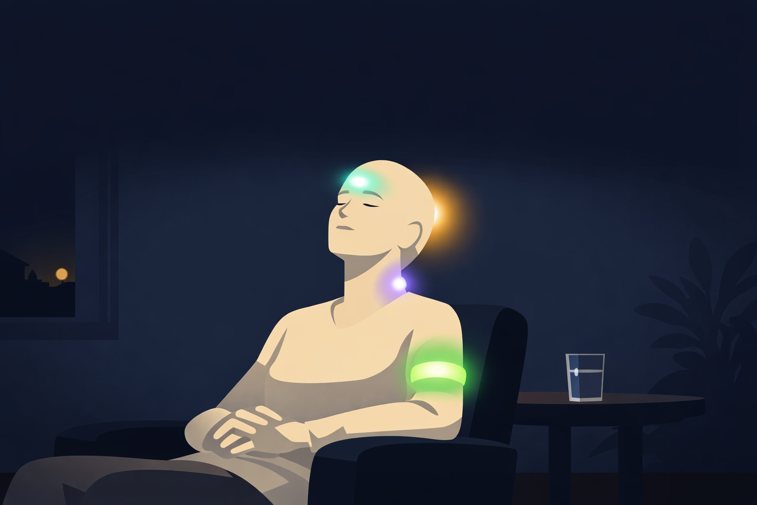 Atmospheric illustration of a person sitting peacefully in a dark room with eyes closed, four soft glows emanating from their forehead, neck, arm, and back of skull representing four neuromodulation pathways for migraine treatment