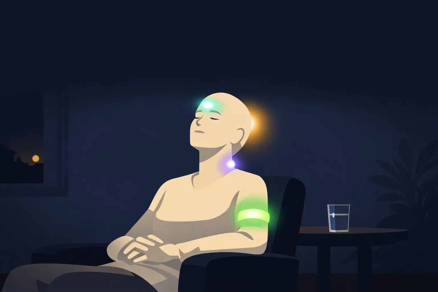 Atmospheric illustration of a person sitting peacefully in a dark room with eyes closed, four soft glows emanating from their forehead, neck, arm, and back of skull representing four neuromodulation pathways for migraine treatment