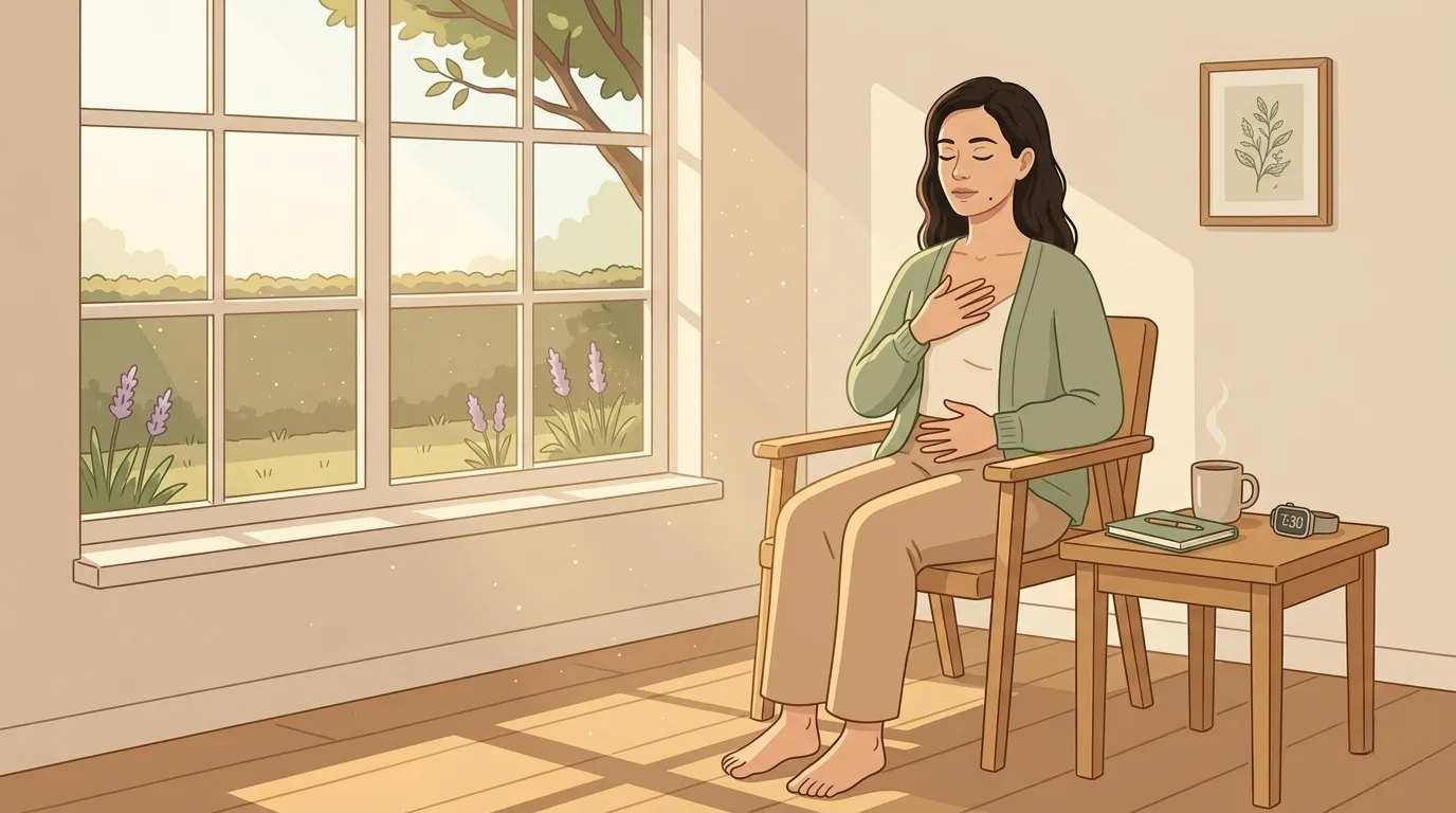 A woman sitting upright in a wooden chair by a window in soft morning light, eyes closed, mouth closed, one hand on her chest and one on her abdomen &mdash; the classic posture of diaphragmatic nasal breathing practice, with a notebook and tea cup on a small side table