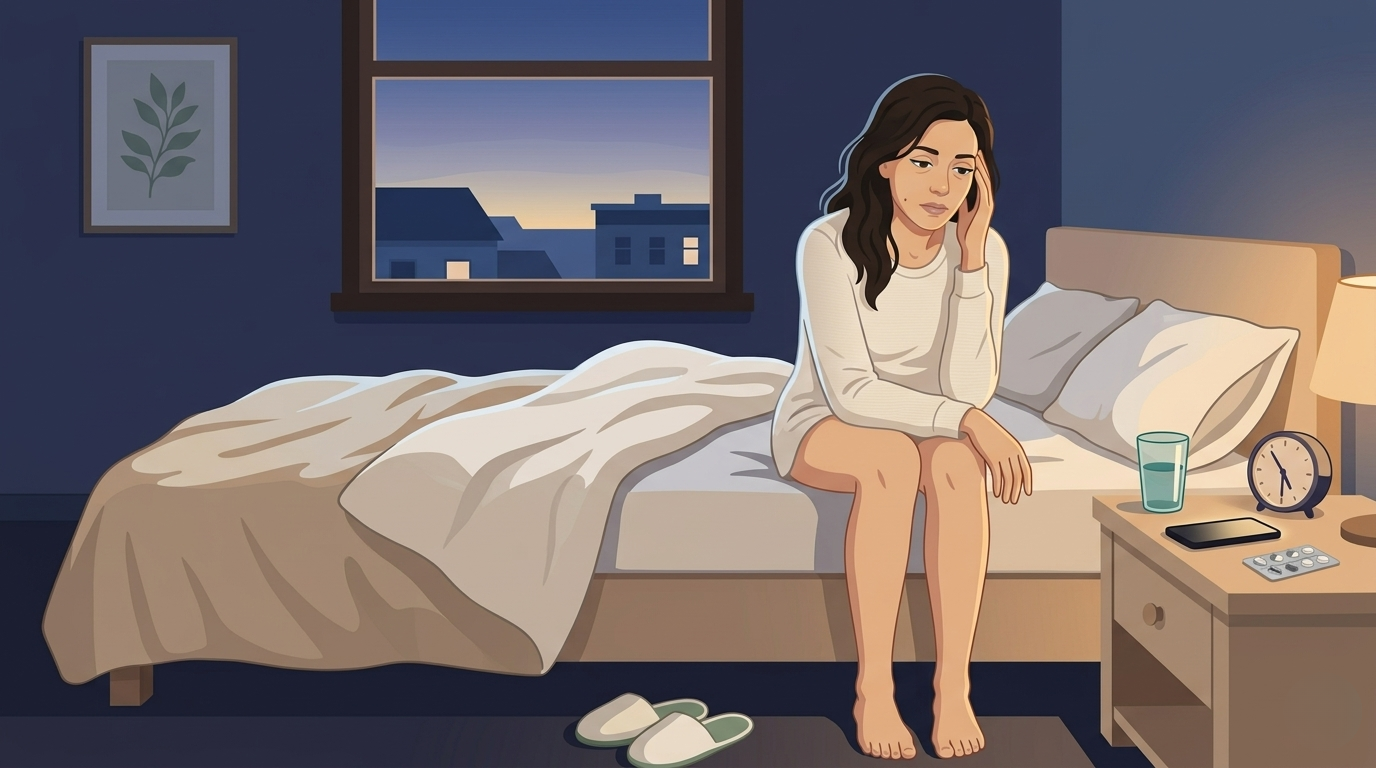 A woman sitting on the edge of her bed in the blue hour before sunrise, one hand resting against her temple, the quiet exhausted recognition of waking with another migraine &mdash; a small alarm clock on the nightstand reads 5:47 AM