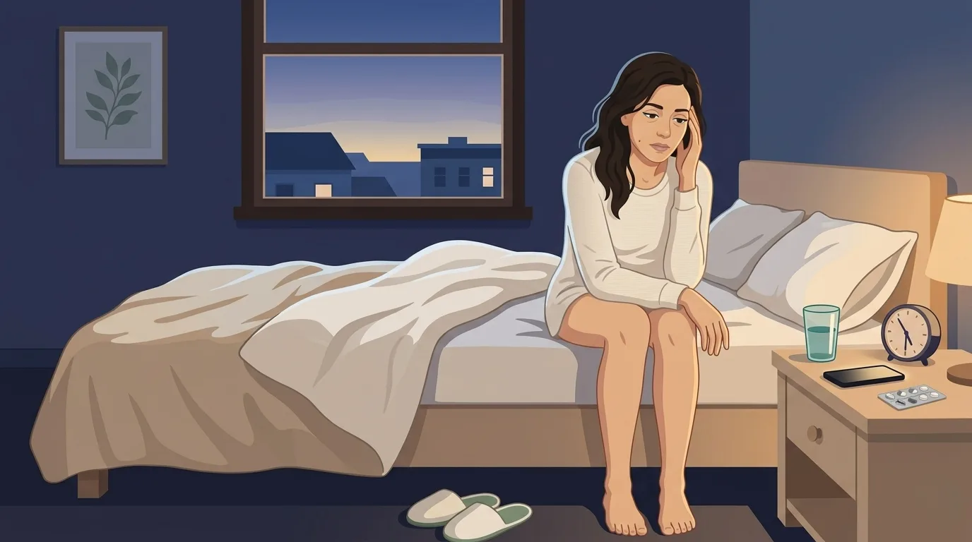 A woman sitting on the edge of her bed in the blue hour before sunrise, one hand resting against her temple, the quiet exhausted recognition of waking with another migraine &mdash; a small alarm clock on the nightstand reads 5:47 AM