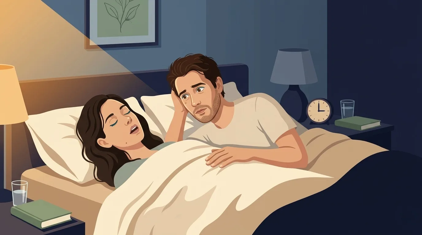 A bedroom at 3:00 AM &mdash; a woman lies on her back asleep with her mouth slightly open, breathing through her mouth, while her partner lies beside her with eyes open, listening attentively to her breathing &mdash; a small alarm clock on the nightstand reads 3:00 AM