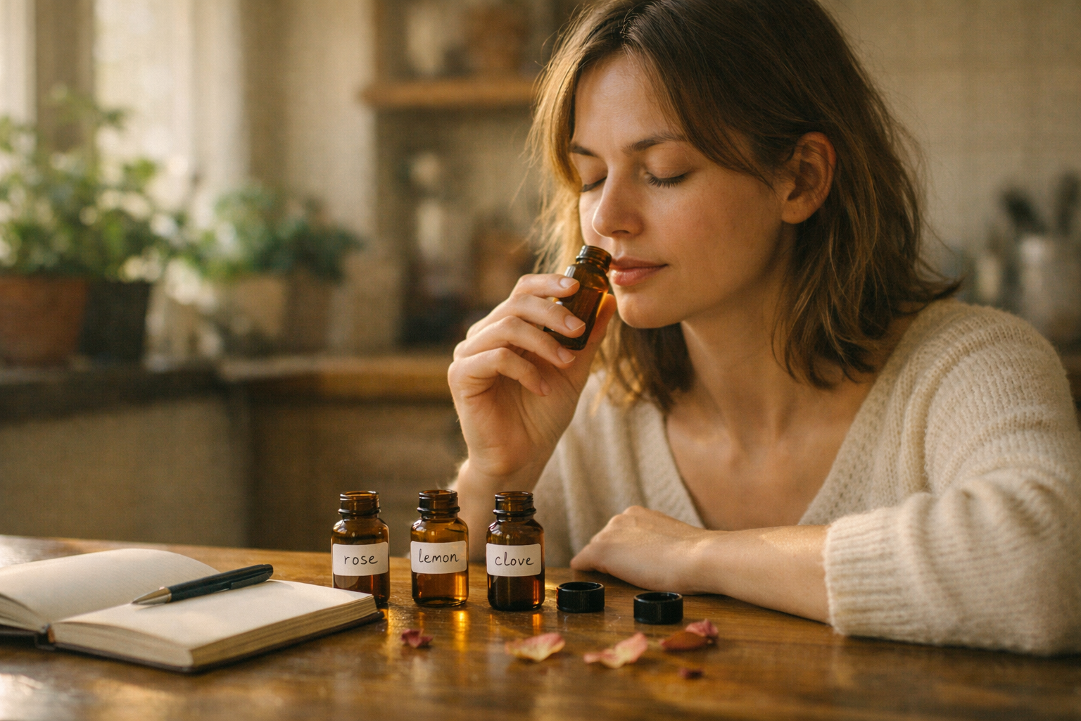 A young woman sitting at a wooden table in soft morning light, eyes gently closed, holding a small brown glass vial near her nose, with three open vials labeled rose, lemon, and clove on the table beside a notebook