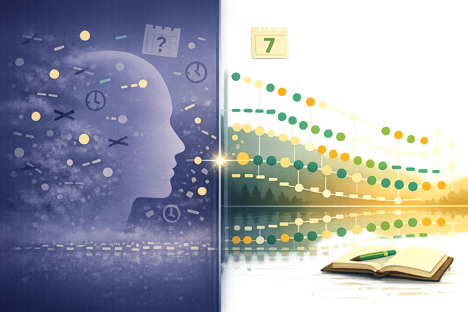 Split illustration showing unreliable memory on the left as a dissolving head silhouette with scattered data fragments, and organized diary data on the right as a clean constellation of tracked patterns reflected in a calm mirror surface