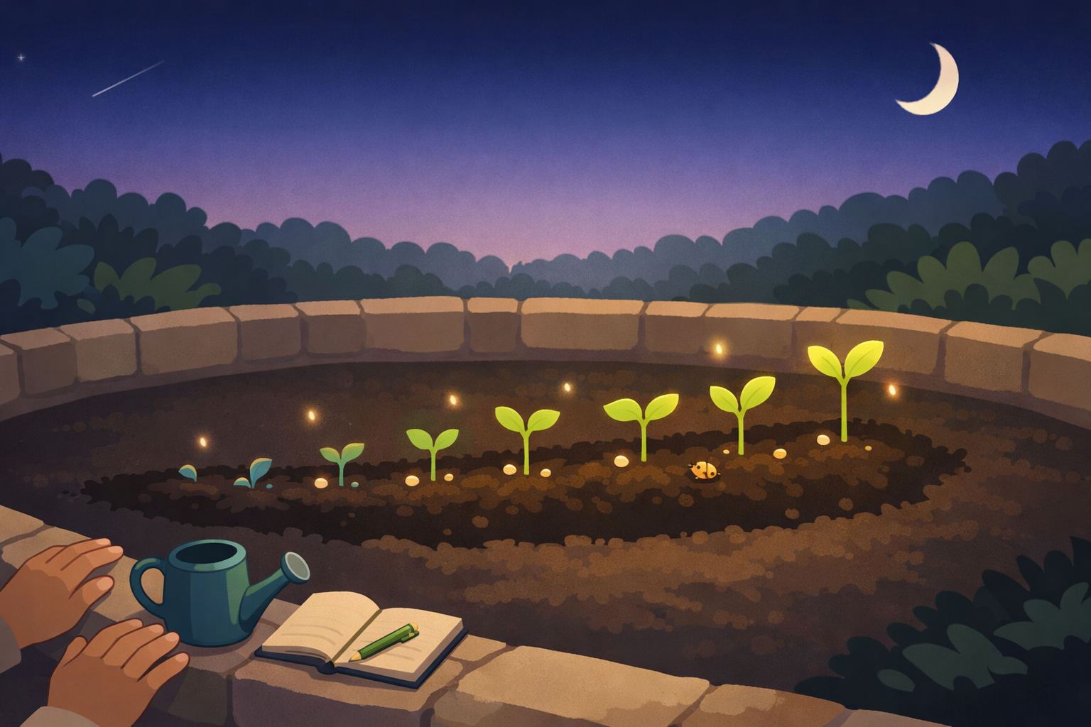 Atmospheric illustration of a small walled night garden with seven tiny luminous seedlings growing in a curved path through dark soil, each one slightly taller than the last, representing the first seven days of gentle onboarding with Migraine Companion