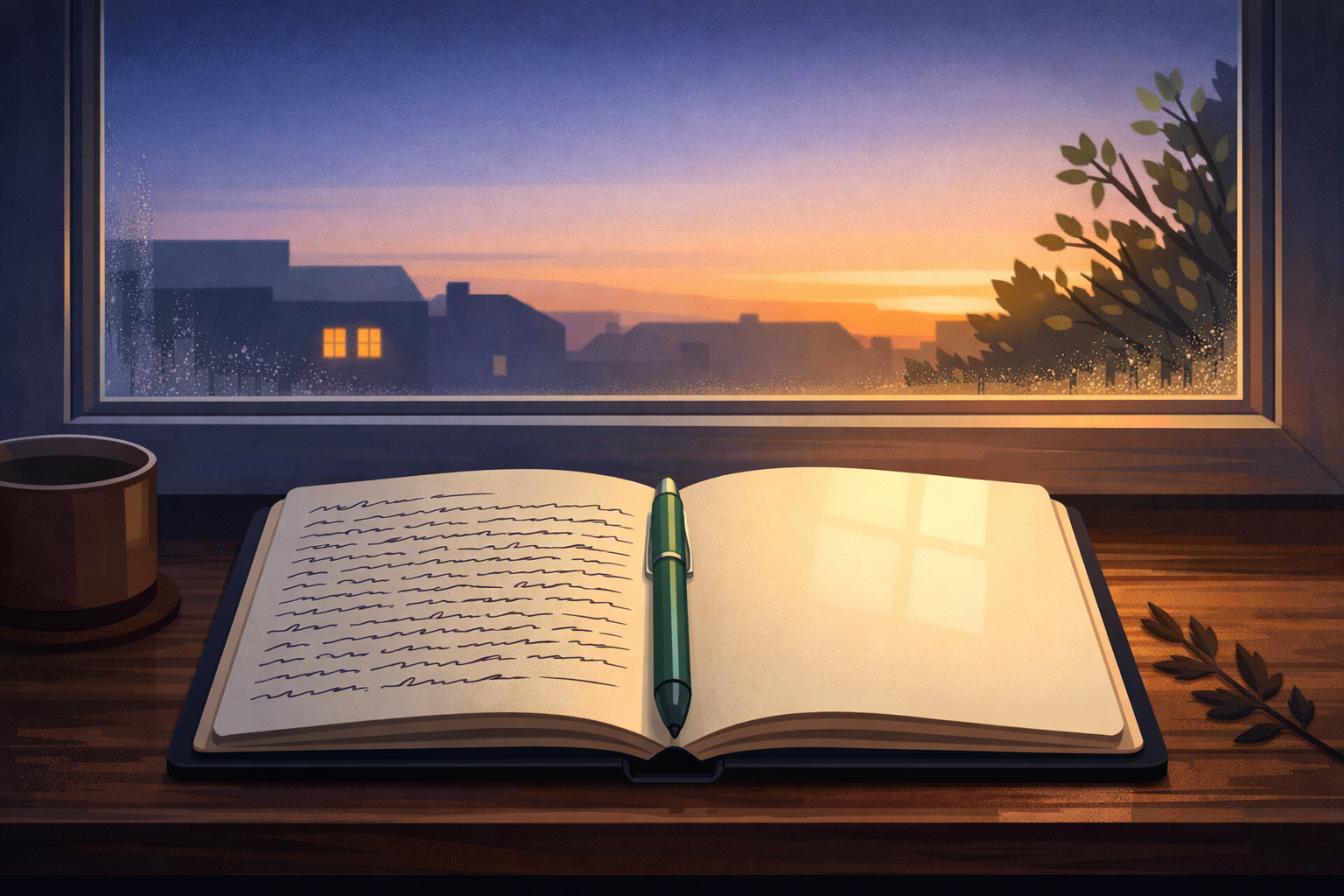 An open notebook on a windowsill at dawn &mdash; the left page covered in handwriting, the right page completely blank and luminous with early morning light, representing what has been written and what is still possible