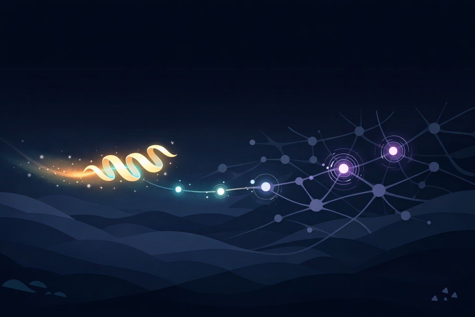 Atmospheric illustration of a glowing GLP-1 molecular structure drifting through a dark neural landscape, leaving a trail of calming teal light behind it as agitated neural nodes ahead pulse with lavender stress signals