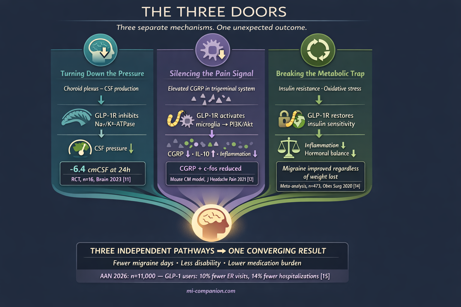 Scientific infographic showing three independent pathways by which GLP-1 drugs may reduce migraine: intracranial pressure reduction via choroid plexus, CGRP suppression via microglial activation, and metabolic reset via insulin sensitivity restoration, all converging on a single outcome of fewer migraine days