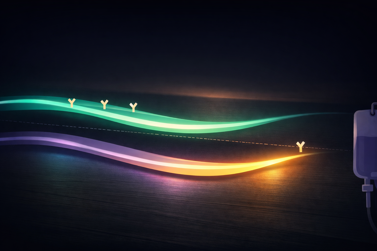 Atmospheric illustration of two parallel luminous streams flowing across a dark surface — a teal-green stream representing the CGRP pathway with antibodies already attached, and a lavender-gold stream representing the newly discovered PACAP pathway with a single antibody approaching — visualizing two independent biological highways of migraine