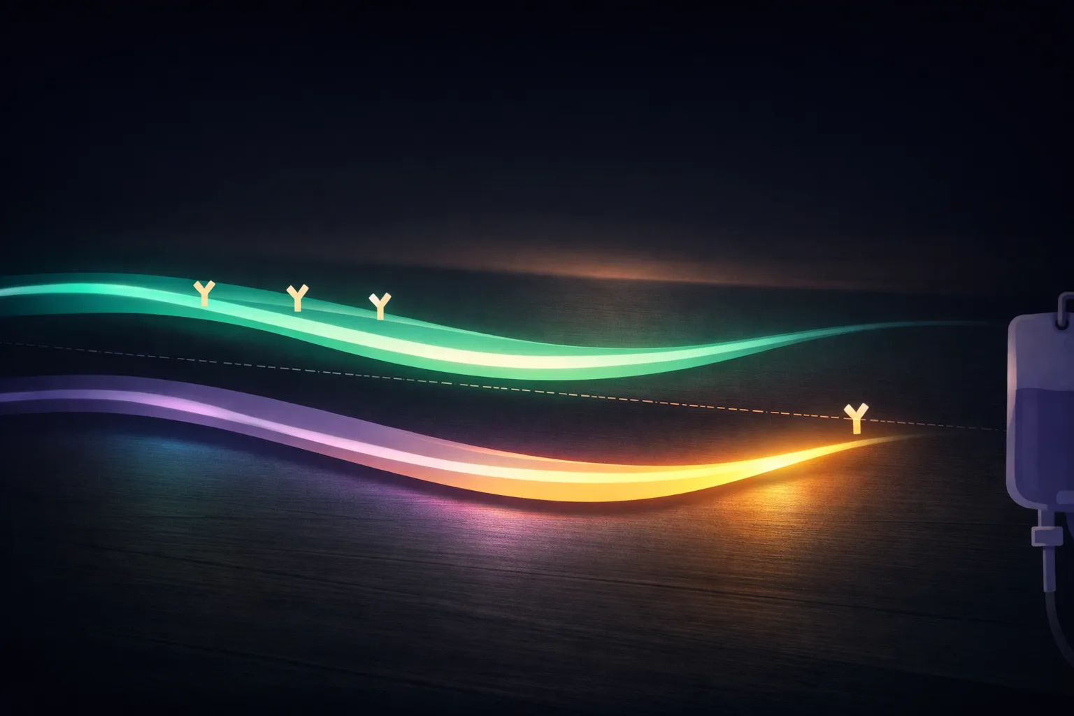 Atmospheric illustration of two parallel luminous streams flowing across a dark surface — a teal-green stream representing the CGRP pathway with antibodies already attached, and a lavender-gold stream representing the newly discovered PACAP pathway with a single antibody approaching — visualizing two independent biological highways of migraine