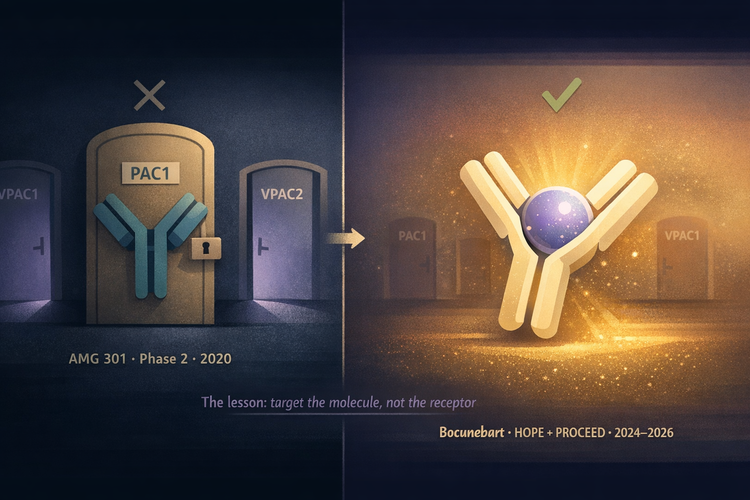 Split illustration comparing two drug development strategies. Left side (dark, muted): AMG 301 blocks one door labeled PAC1 with a lock, but doors labeled VPAC1 and VPAC2 remain open — marked with X for failure. Right side (warm, golden): bocunebart antibody captures a glowing PACAP molecule before it reaches any door — marked with checkmark for success. Center text: The lesson — target the molecule, not the receptor.
