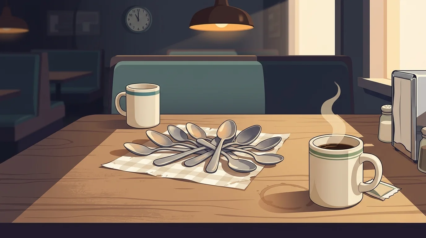 A cluster of mismatched silver spoons gathered together on a worn diner table beside two ceramic mugs &mdash; a recreation of the 2003 moment Christine Miserandino used spoons to explain chronic illness to a friend, the origin of spoon theory