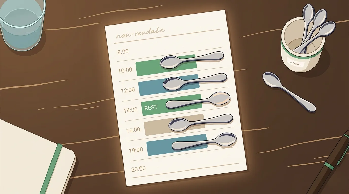 An overhead view of a daily planner with five physical silver teaspoons placed across its time blocks &mdash; one spoon per scheduled activity &mdash; alongside a small cream ceramic cup with a green band holding three reserve spoons, illustrating energy budgeting in practice