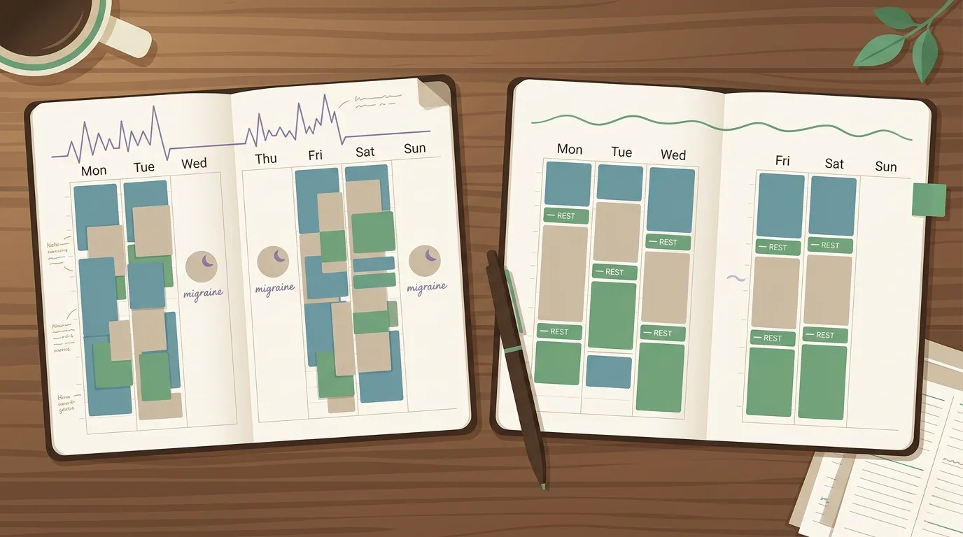 Two paper planner spreads side by side on a wooden desk &mdash; the left showing a chaotic boom-bust week with overstuffed days and small lavender migraine icons on Wednesday and Sunday, the right showing a calm paced week with consistent green activity blocks and built-in rest periods