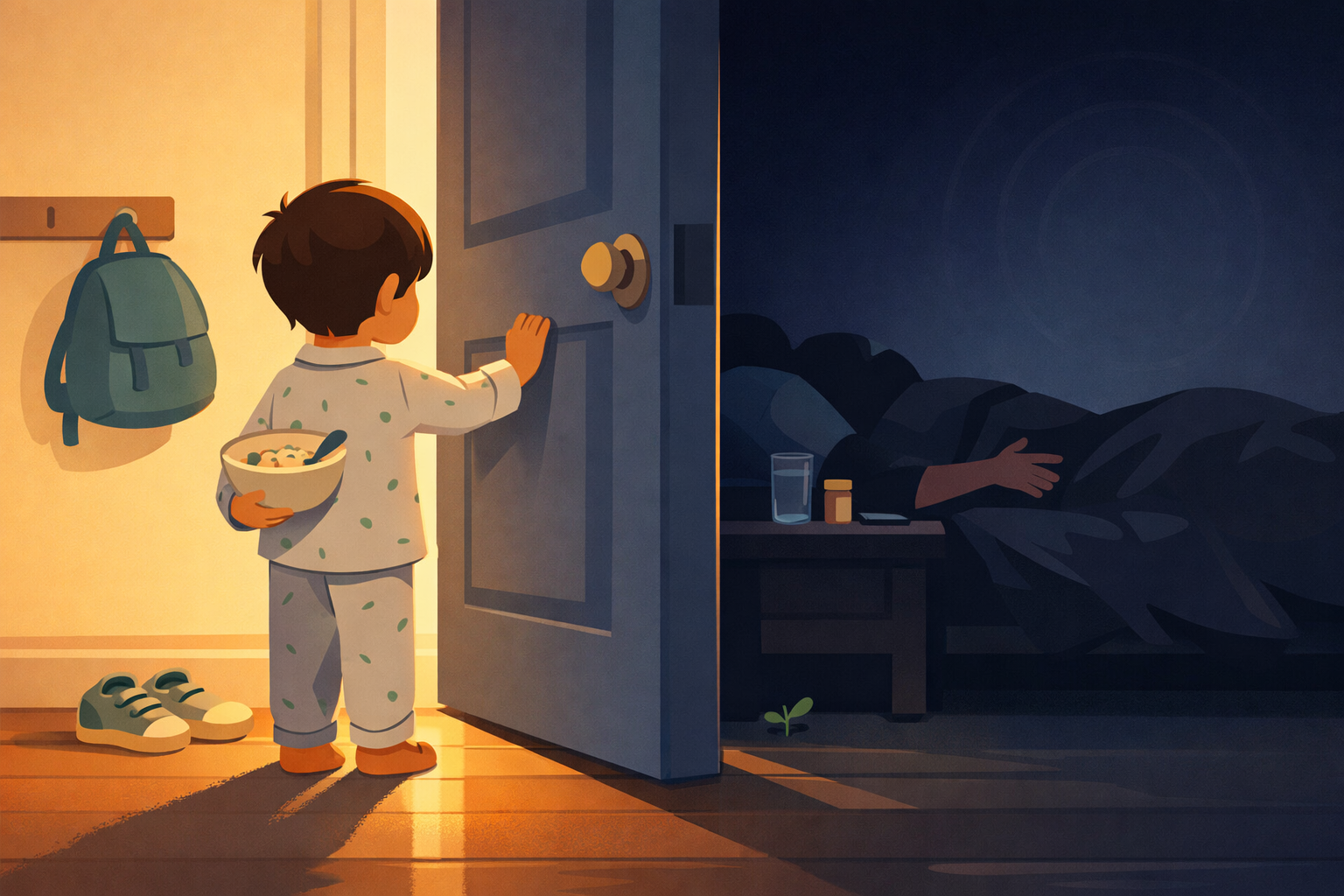 A small child in pajamas stands at a slightly open bedroom door holding a bowl of cereal, warm hallway light behind them, a parent's silhouette visible in the dark room beyond