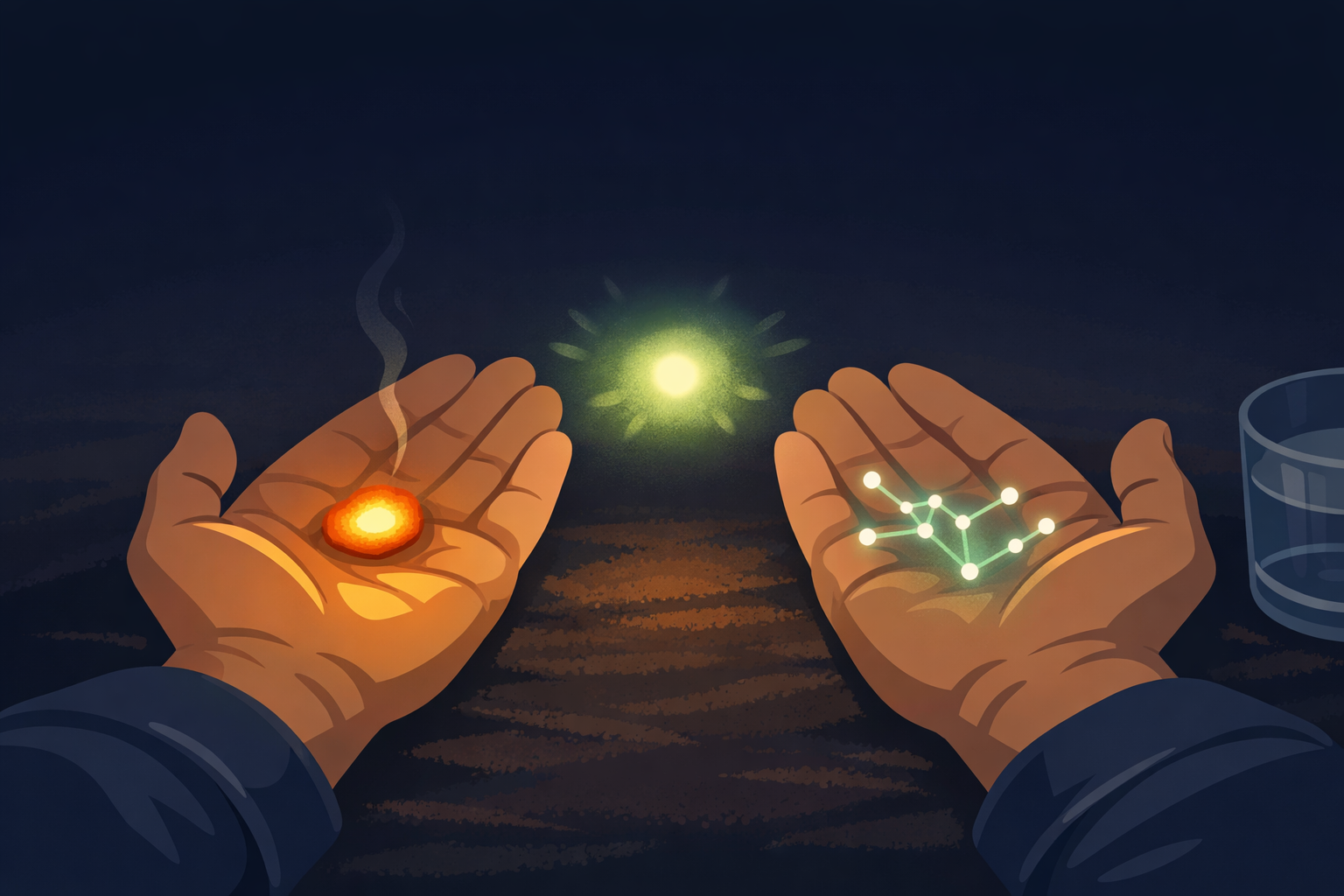 A pair of adult hands resting open in soft lamplight, holding three small glowing objects — a warm ember, a constellation of dots, and a soft green bloom — representing the three steps of the self-compassion pause