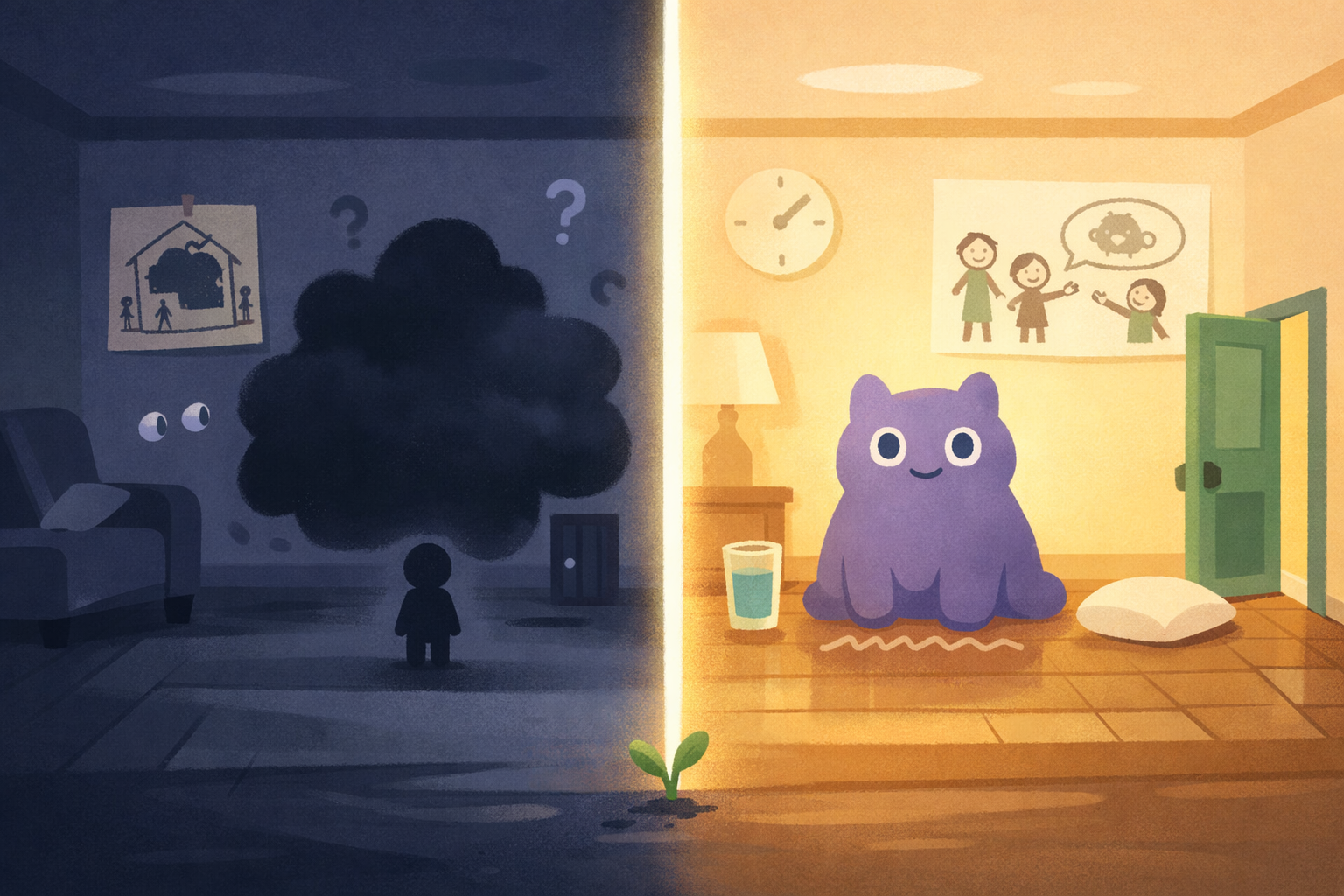 Split illustration showing two rooms in a child's imagination: left side shows fear and an unnamed dark shape, right side shows understanding with a named friendly monster and a clear plan