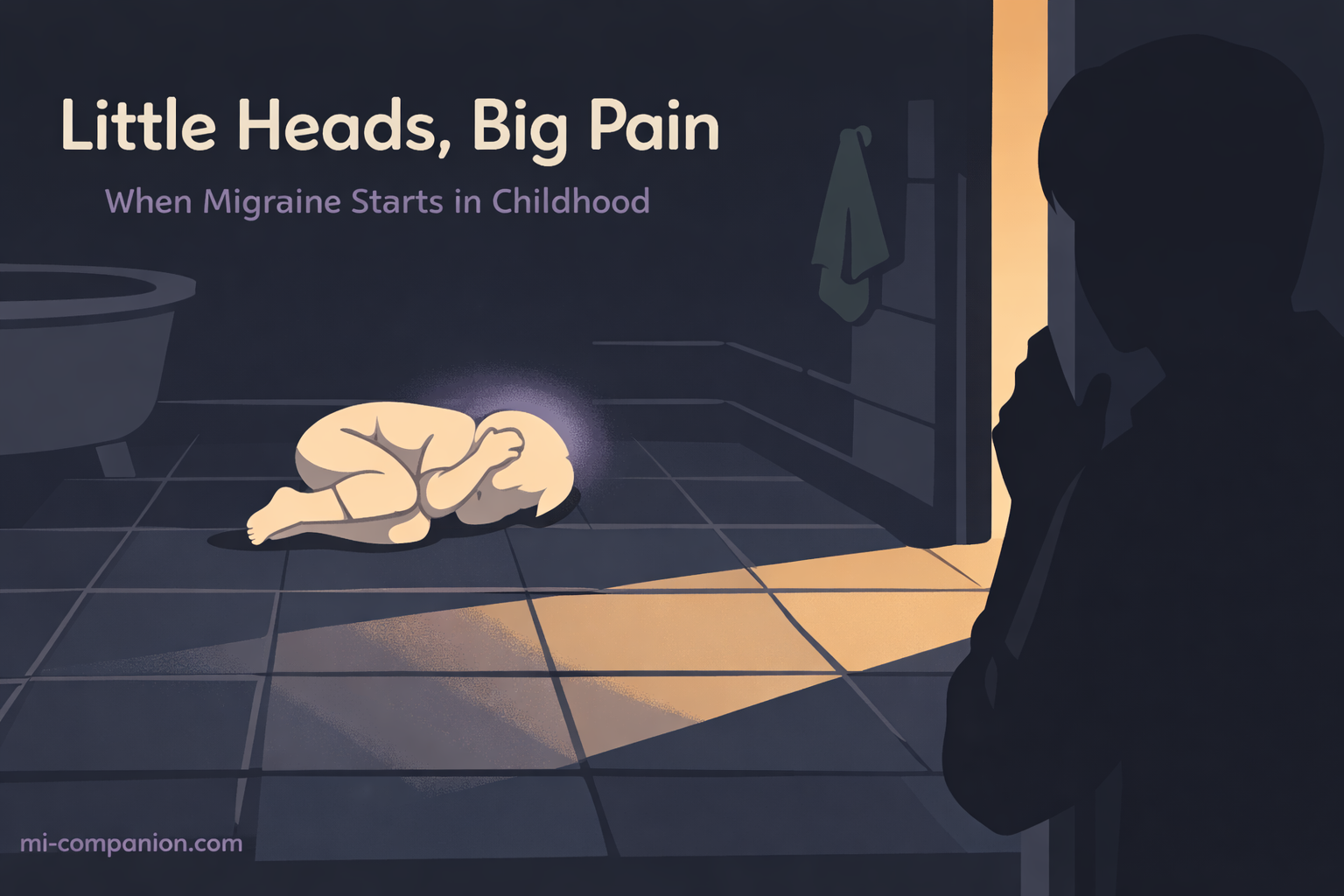 A child lying curled on a bathroom floor in the dark, a parent's silhouette standing in the doorway — a quiet moment of invisible pain