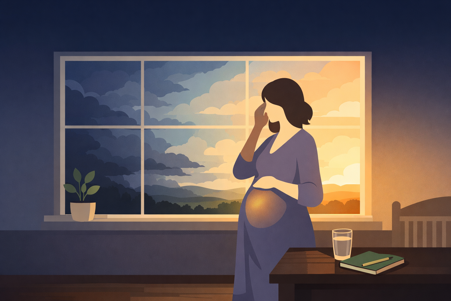 A pregnant woman standing at a window at dawn, one hand on her temple, the other on her belly, as the landscape transitions from storm clouds to golden light